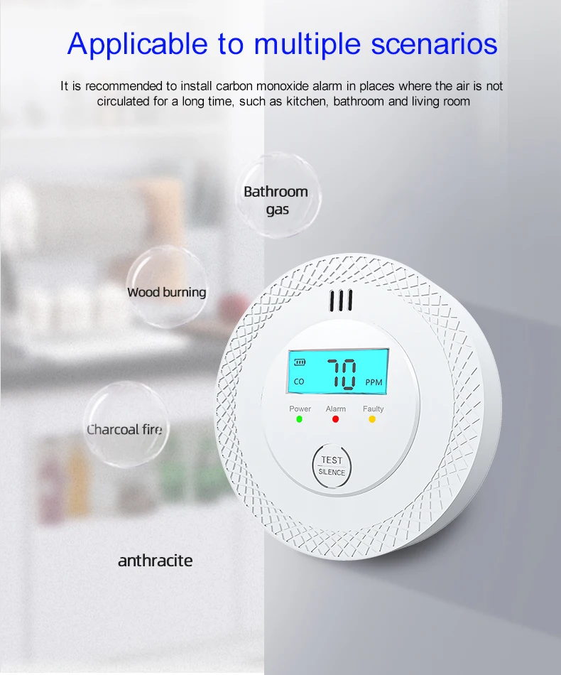 3packs Carbon Monoxide Detector Alarm, CO Detector with Digital LCD Display, Replaceable Battery Carbon Monoxide Detectors for H