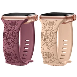 Floral Engraved Strap For Apple Watch Band 40mm 44mm 41mm 49mm 45mm 38mm 42mm silicone bracelet iwatch series 9 7 se 6 8 ultra 2