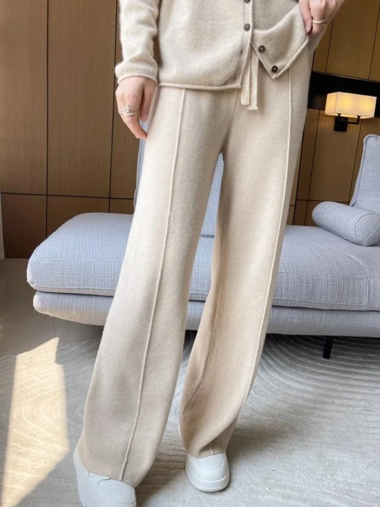 2024 High-end Cashmere Temperament Wide-leg Pants Women's High Waist 100 Pure Wool Pants Loose Casual Straight Outer Trousers