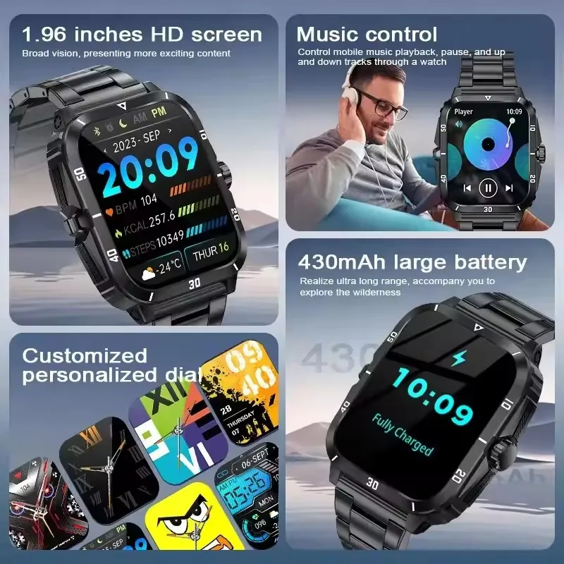 ساعة ذكية رياضية 1.96 HD شاشة طويلة العمر للأكسجين في الدم بلوتوث مكالمة 100+ رياضية 3ATM مراقبة صحية مقاومة للماء