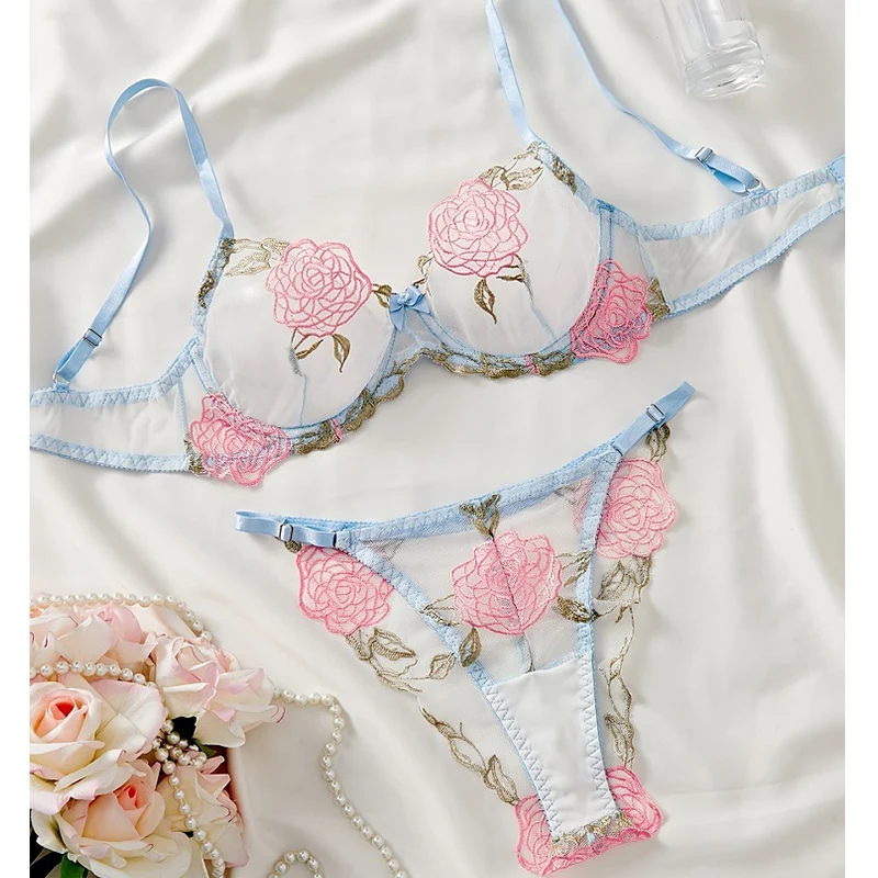 

Sexy Women Underwear Set Transparent Bra Floral Embroidery Erotic Lingerie Mesh Bra and Panties Sets Sensual Intimate Underwear