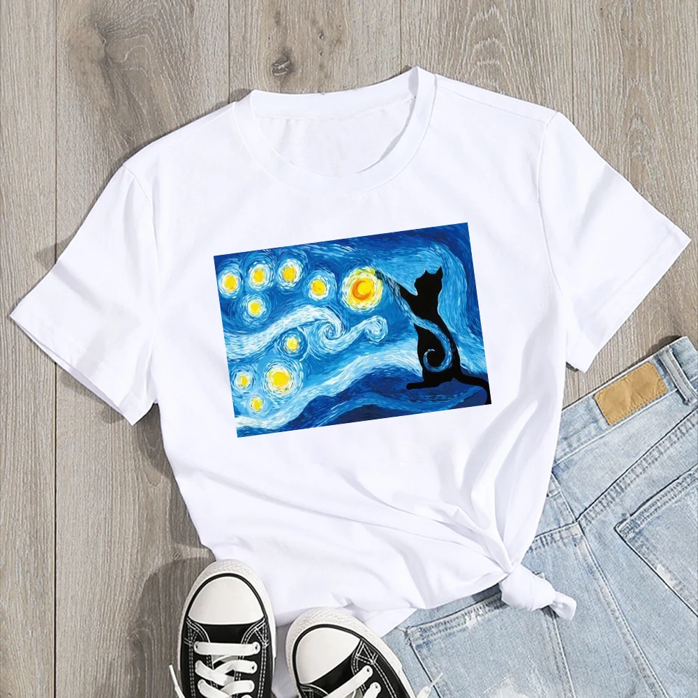 Starry Night Van Gogh Cat T-Shirt Cat-Lover Aesthetic Clothes Y2k Art Tops Graphic Tee Tops 2023 New Short Sleeve Blouses Gifts