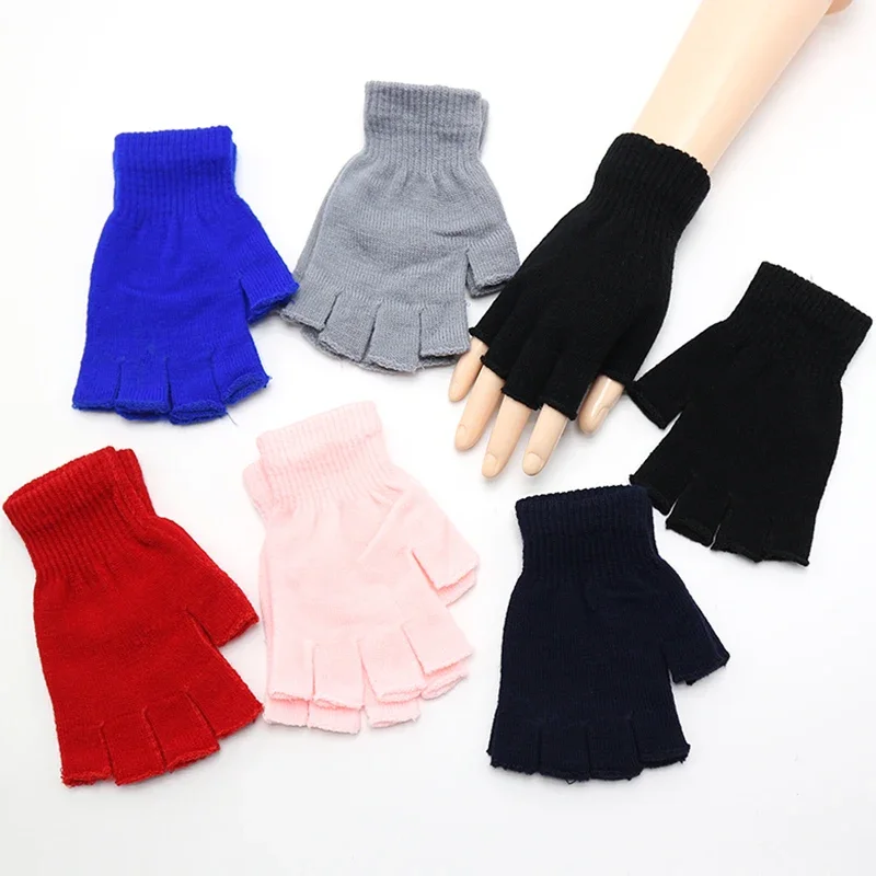 1pair Black Short Half Finger Fingerless Knit Wrist Glove Winter Warm Stretch Work Gloves for Women and Men Cycling Accessories