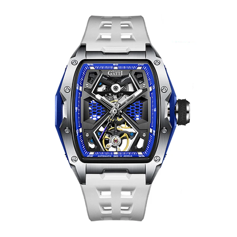 

BONEST GATTI Мужские автоматические часы 46 мм * 52 мм Механические наручные часы Tonneau Скелетон Циферблат Сапфировый светящийся ремешок из фторкаучука