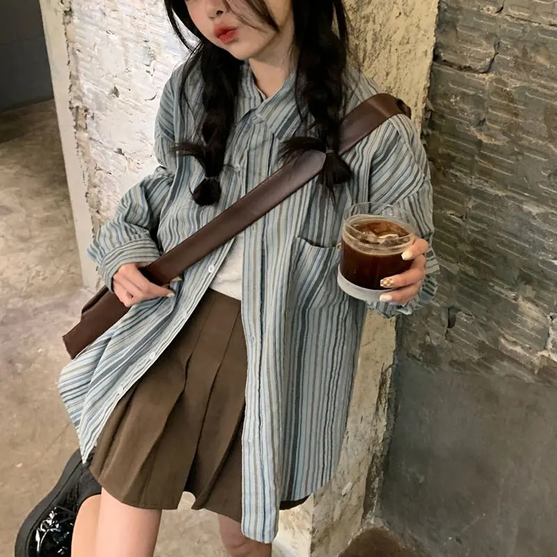 Autumn New Striped Vintage Shirts Female Clothing Loose Versatile Spring Autumn Pockets Spliced College Style Long Sleeve Blouse
