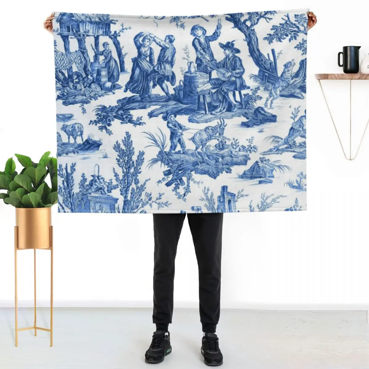 Blue and White Toile de Jouy Throw Blanket Ultra Plush Cozy Blanket for Napping Sleeping