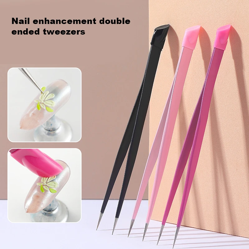 Dual End Straight Nail Art Tweezers with Silicone Pressing Head Picking Rhinestones Eyelash Nail Tweezer Stickers Nail Tool