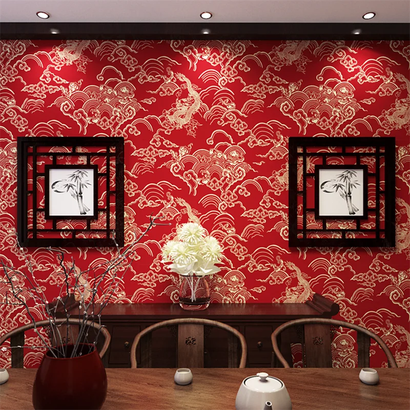 

New Chinese style wallpaper Dragon pattern classical Zen hotel dining room Xiangyun TV background wall home decor papier peint