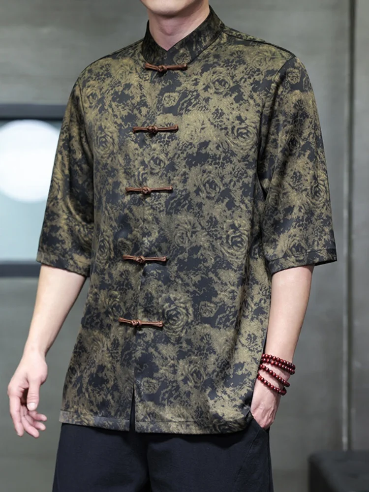 

Ice Silk Thin ort Sve Men's irt Tang Costume Dad Summer Faion Retro Button Hanfu Loose Fit Printed irt Youth Trend