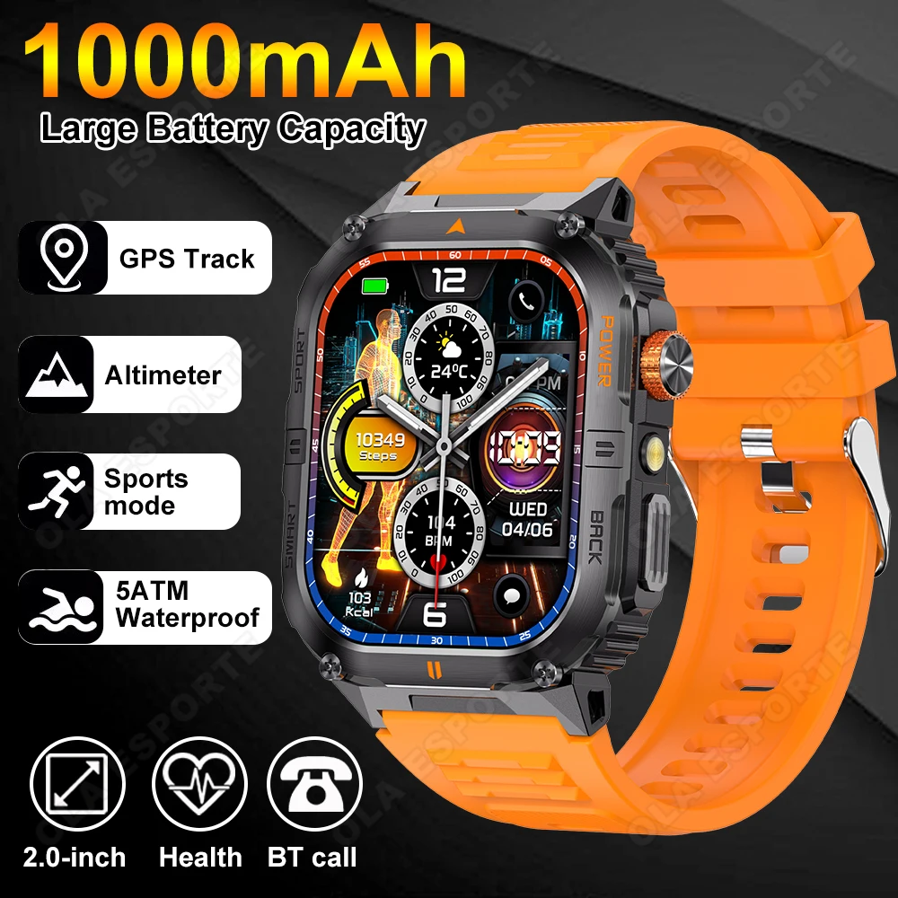 الرجال ساعة ذكية في الهواء الطلق IP68 مقاوم للماء 1000mAh بطارية عالية السعة بلوتوث الموسيقى دعوة Smartwatch 100 + أوضاع رياضية عداد الخطى