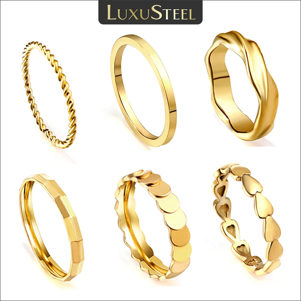 LUXUSTEEL-Anéis de Aço Inoxidável para Mulheres, Corda Torção Simples, Moeda Coração, Textura Redonda, Anel de Bandas de Dedo Impermeável