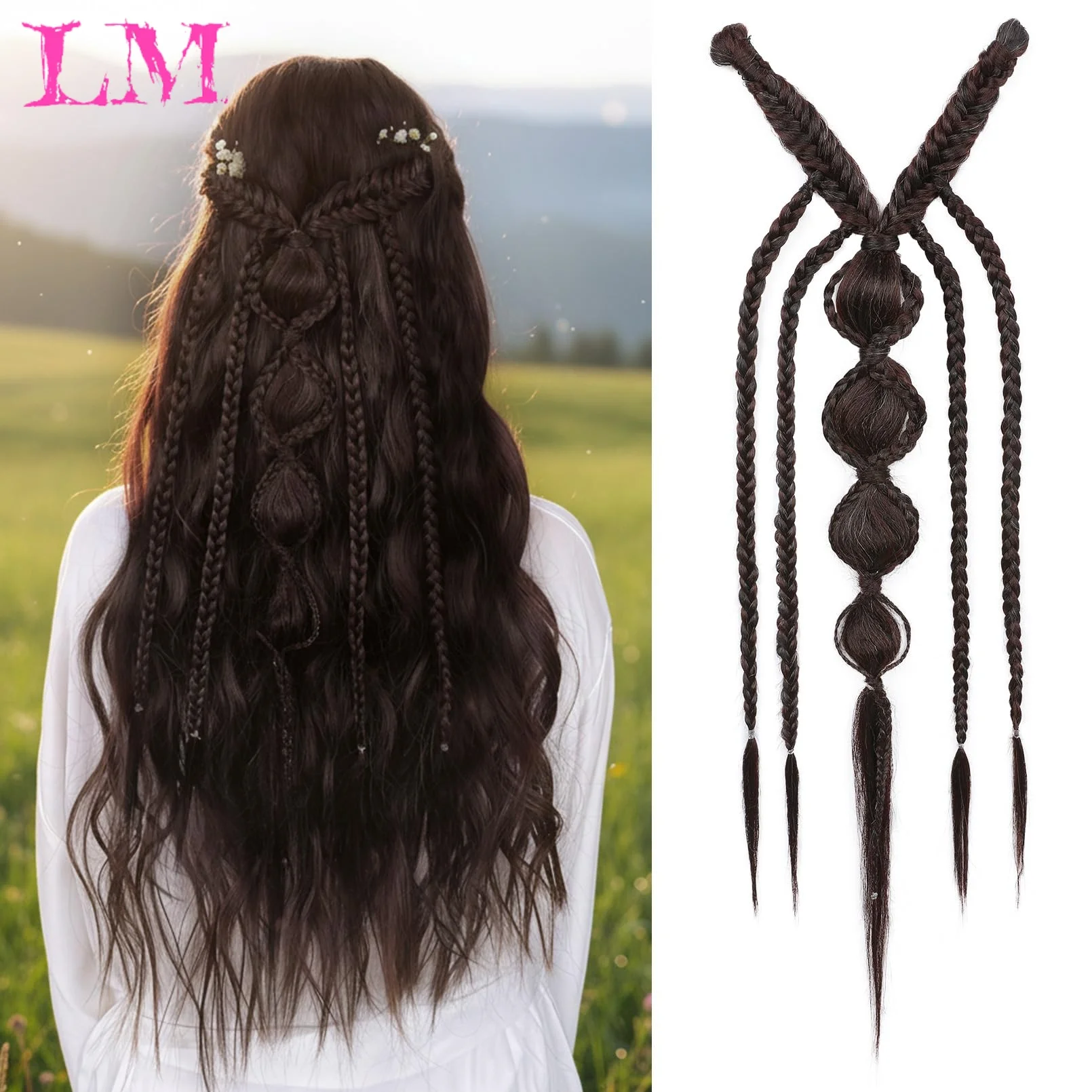 LM Synthetic Clip in Braid Hair Extensions - Boho Festival Princess Braid Hair Extension, Fairy Cosplay Wedding Hairpiece for Wo