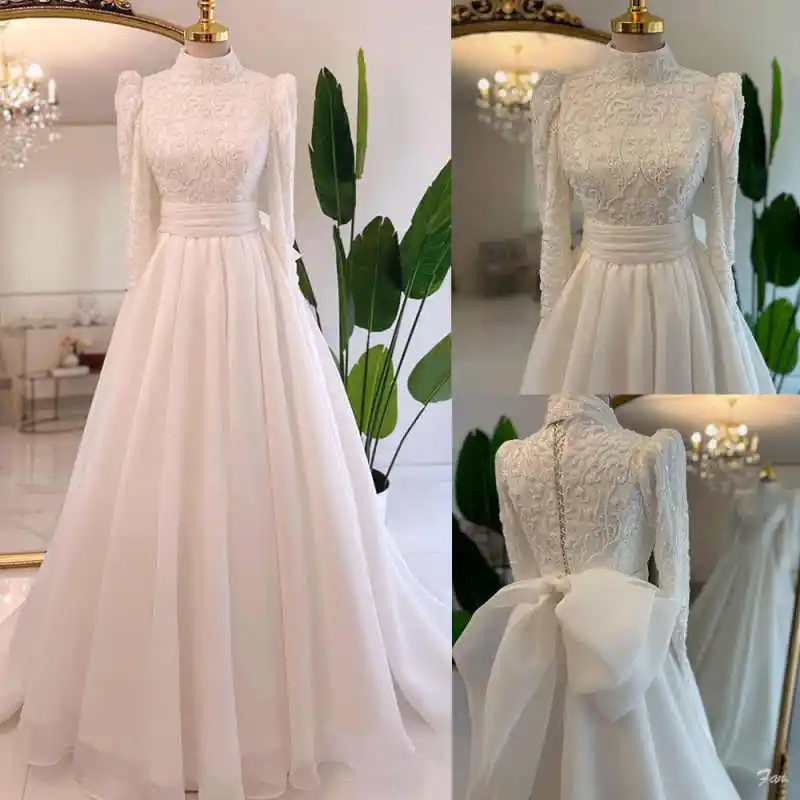 Gorgeous Lace Beading A-Line Wedding Dress High Neck Long Sleeve Back Bow Sash Chiffon Bridal Gown Vestido De Novia Customized