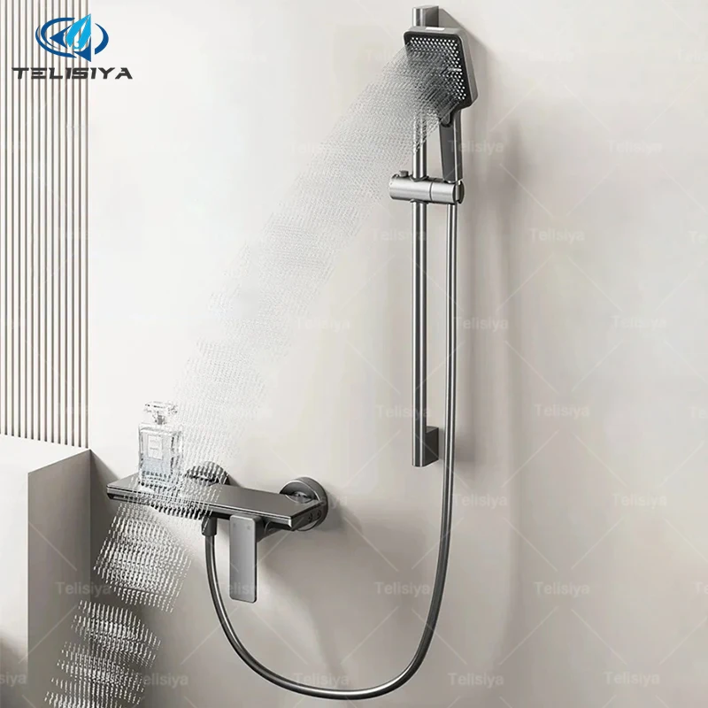 

Gunmetal Gray Aluminum Household Shower System Set Piano Keys Hot and Cold Water Simple Split Type Pressurize Shower Set