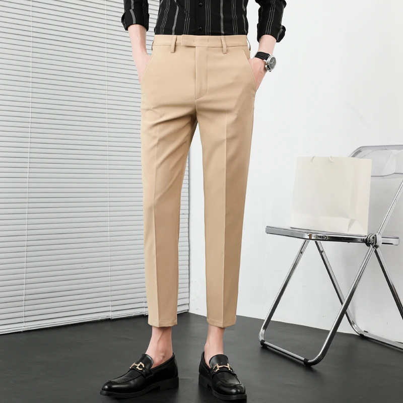 Summer New Solid Color Business Casual Pants Men Slim Fit Social Suit Pant Formal Office Ankle Length Trousers Streetwears 36-29