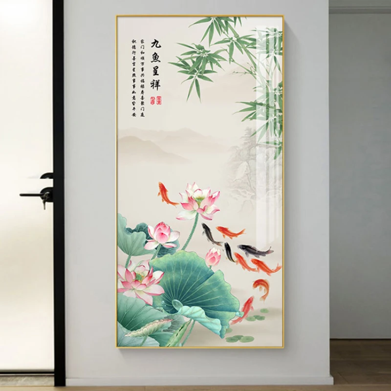 New Chinese Style Nine Tailed Lithium Fish Gathering Wealth Hanging Painting Sofa Background Wall Mural Painting Home Decor