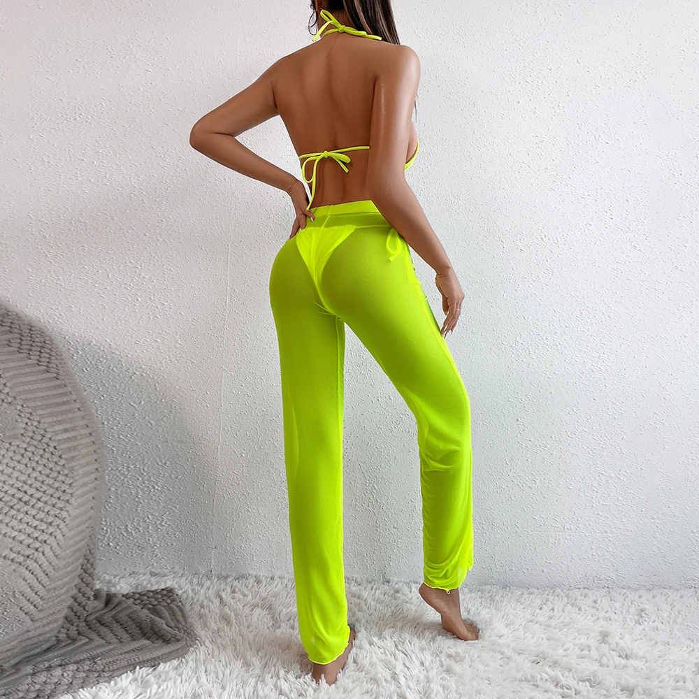 Conjunto de Bikini de tres piezas para mujer, traje de baño con cuello Halter, pantalones transparentes con ajuste de cuerda, microbañador triangular, ropa de playa para verano, 2023