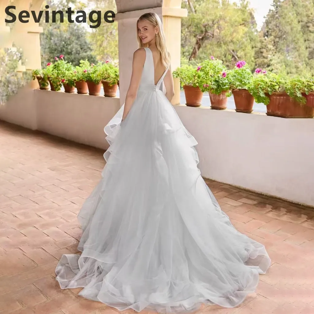 Sevintage 2025 فستان زفاف الأميرة مثير الخامس الرقبة تكدرت ألف خط بلا أكمام فستان زفاف vestidos de novia مخصص