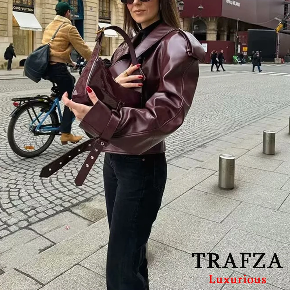 TRAFZA Vintage Chic Claret Leather Jackets Women V Neck Long Sleeve Sashes Faux Leather Coats Fashion 2024 Autumn Winter Outwear