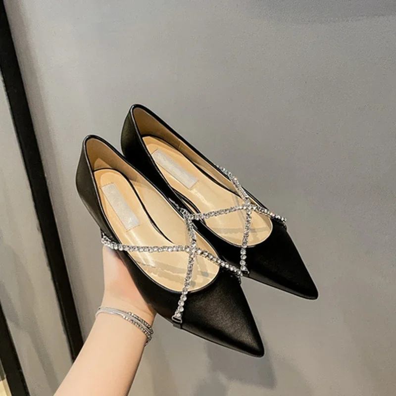 

2026Spring and Autumn New European and American Women's Flat Shoes Fork Rhinestone Chain Pointed Single Shoes