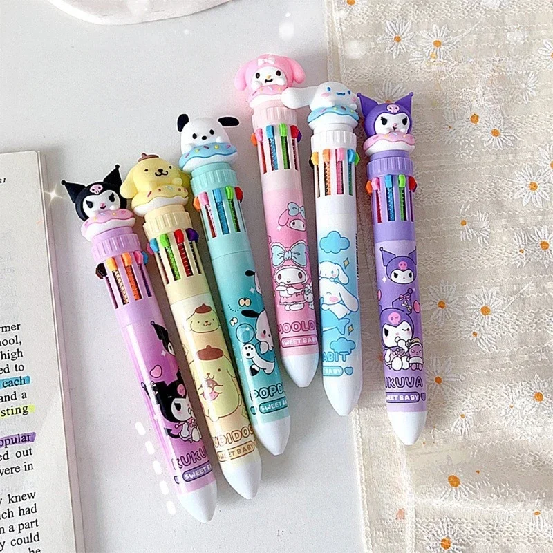 Sanrio pulpen kartun kartun 1/6 buah Kuromi Hello Kitty Cinnamoroll 10 warna 0.7 alat tulis siswa sekolah menggambar pena tanda pergelangan tangan