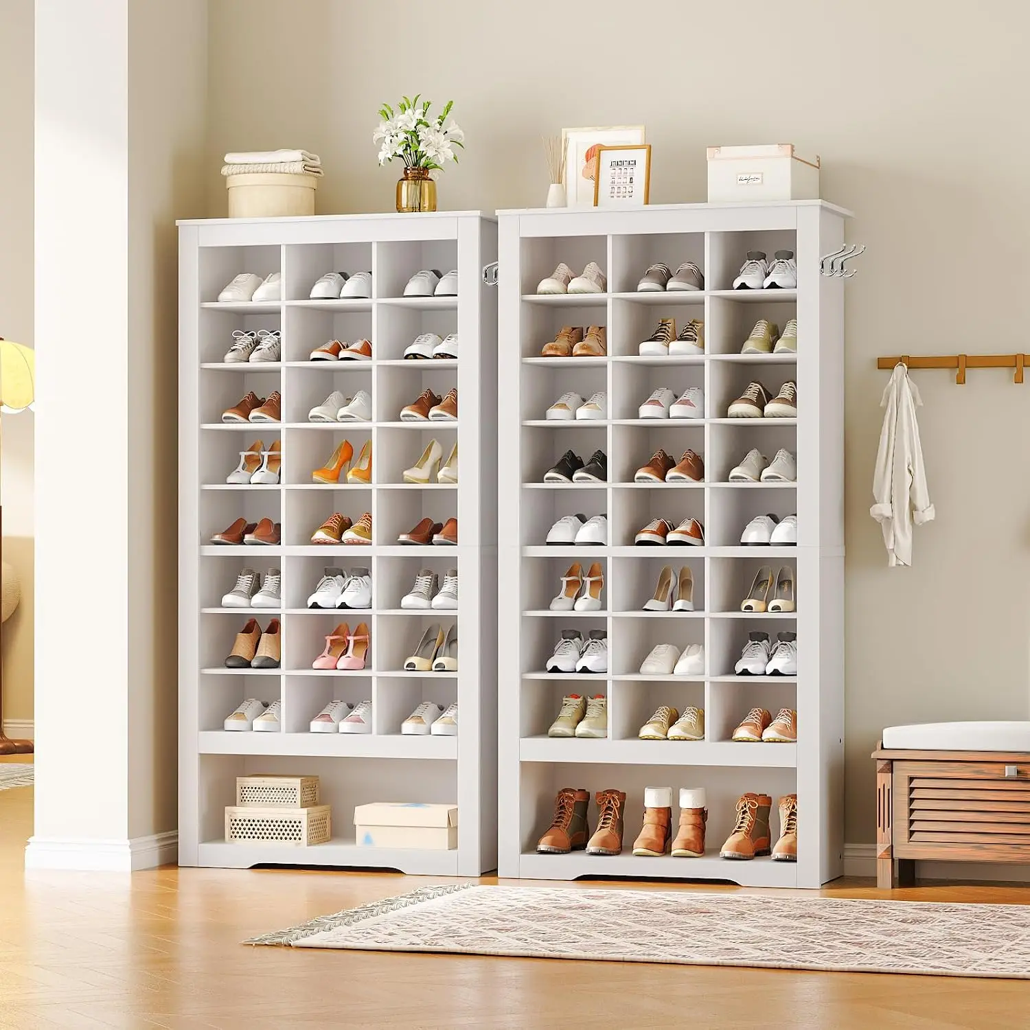 Tall Shoe Cabinet 2-Pack, 9 Tier Wooden Organizer with 24 Cubbies & 3 Hooks, for Entryway Closet Living Room, White, Customized