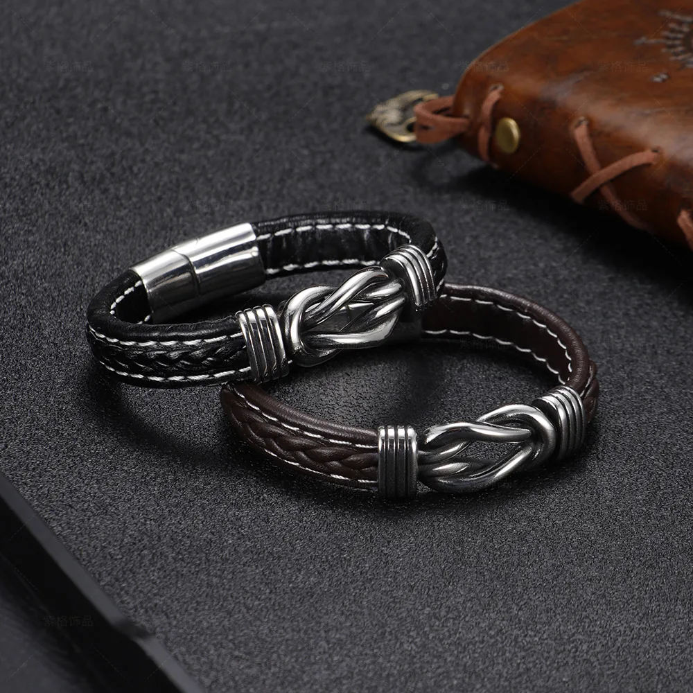 Fashion Ethnic Style Bracelet Vintage Simple Handmade Retro Woven Leather Bracelet Men Punk Stainless Steel Titanium Bracelet