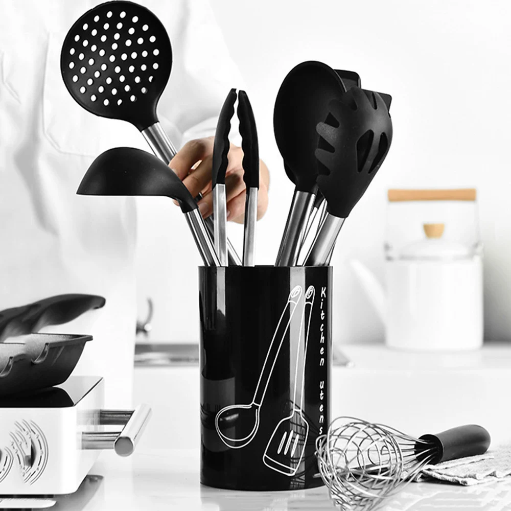 

Silicone Cooking Kitchen Utensils Set Stainless Steel Handle Non Stick Cookware Baking Tools Spatula Spoon Shovel Kitchenware