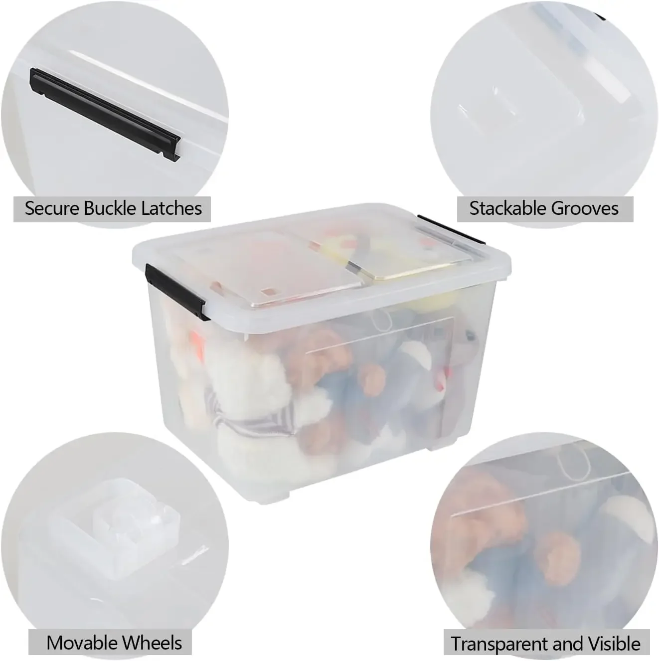 50 Quart Clear Latching Box with Wheels, 4 Packs Plastic Lidded Storage Bin