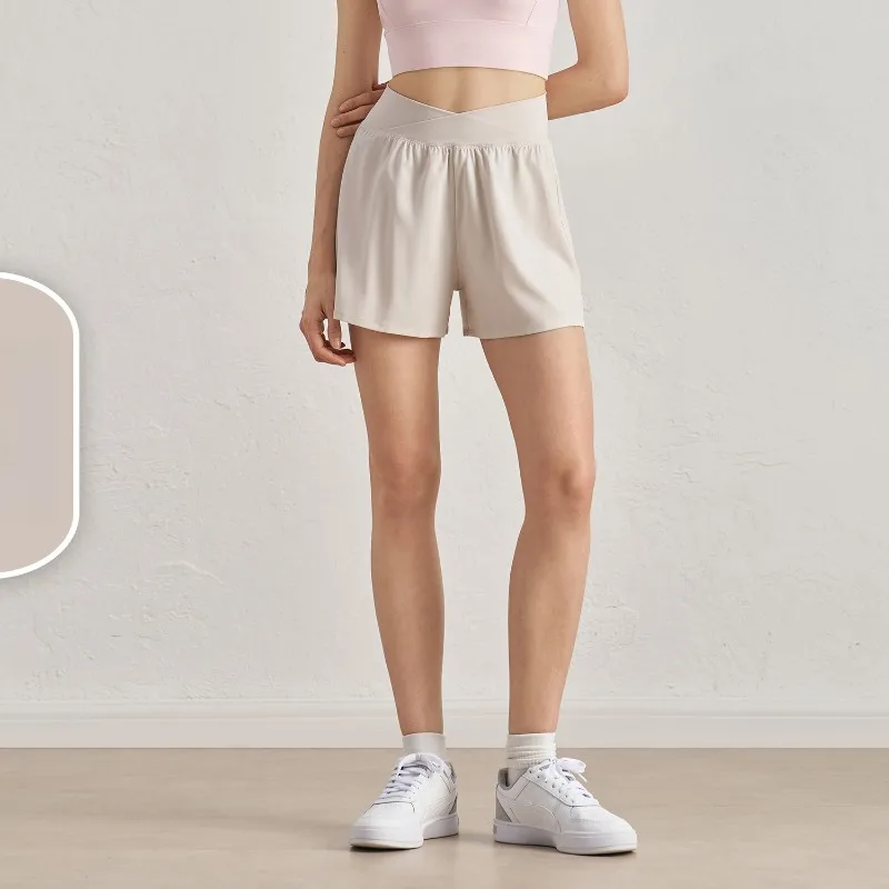 Zomer sportshorts met gekruiste taille, hoge taille, buikaanscherping, dun gedeelte, sneldrogende elastische shorts, outdoor yogabroek