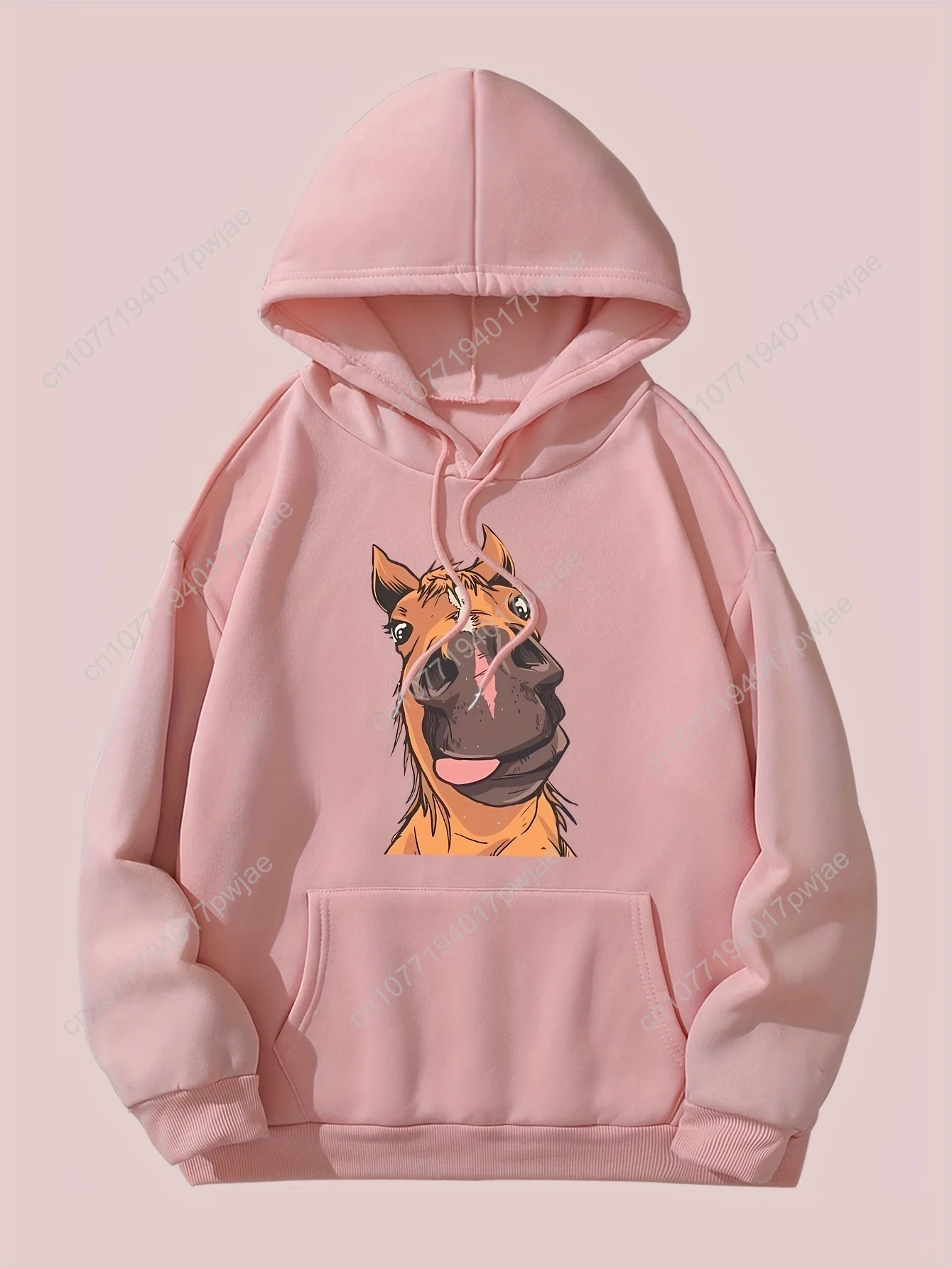 Moletom com capuz feminino com estampa de cavalo de desenho animado chique de poliéster elástico macio – pulôver casual com bolsos, perfeito para outono/inverno
