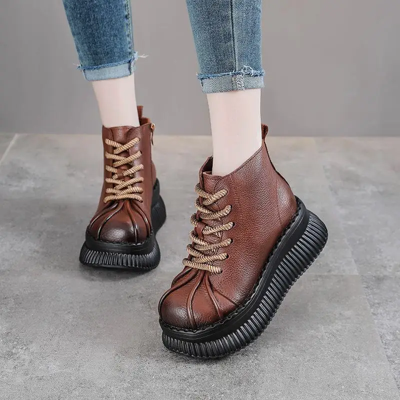 

Real Leather Boots Short Single Boots Platform High Heel Ankle Boots Slimming Effect Vintage Style Summer Fashion Boots