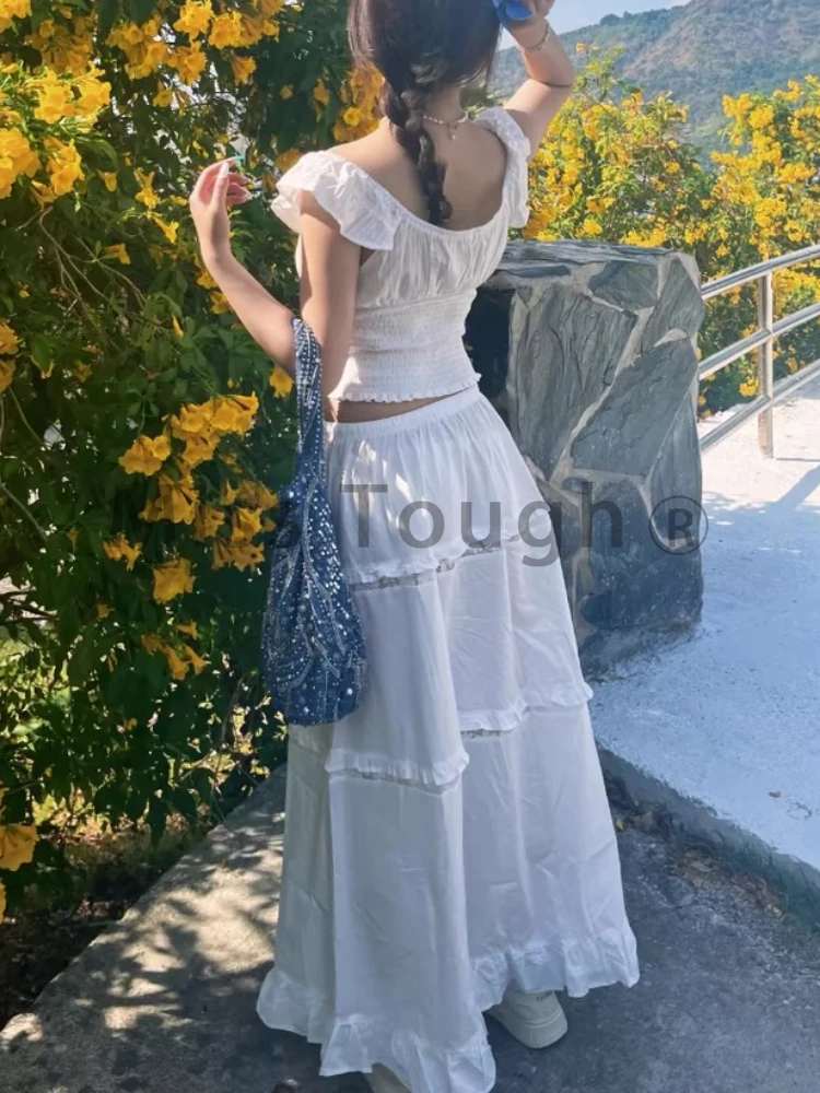 Sweet Korean Style 2 Piece Set Women  New Pure Desire Solid Fairy Suit Female Solid Short Tops+Slim Split Skirt Set 2024 Summer