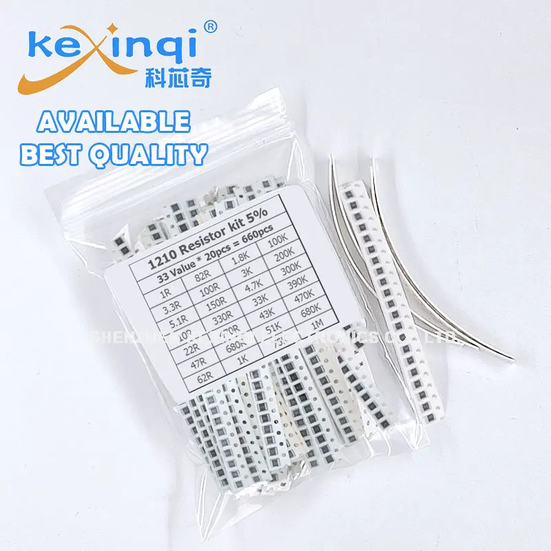 660Pcs Set of Resistors 1210 SMD Resistor Assorted Kit 1R - 1M Ohm 5% 33valuesX 20pcs 3.3R 5.1R 10R 22R 47R 62R 82R 100R 330R 47