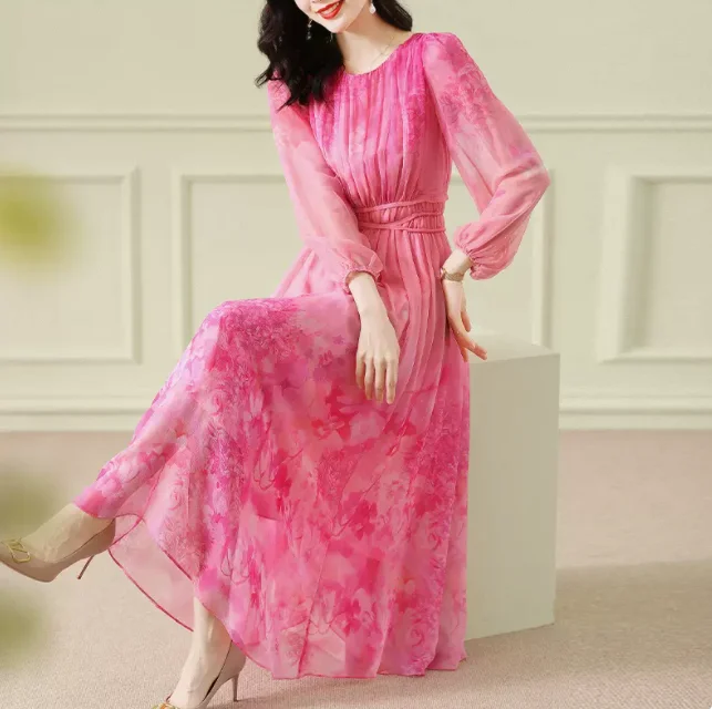 

2023 Spring and Summer New Silk O-Neck Dress Slim and Fragmented Blossom Dress Satin Long Sleeves Over Knee Dress Gown