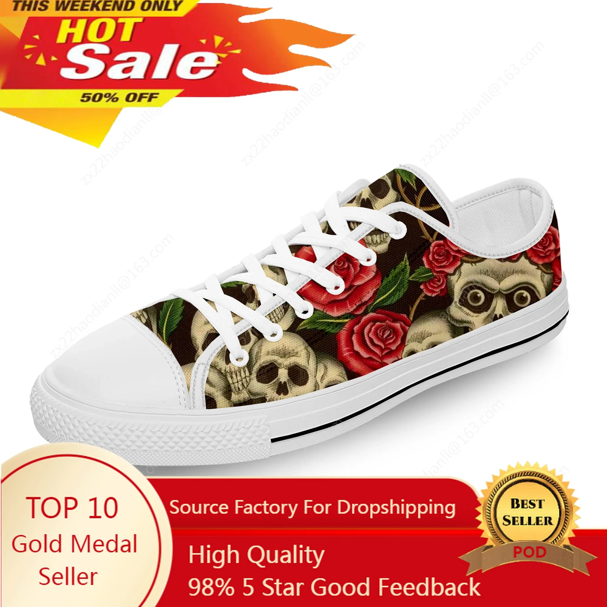 

Sugar Skull Rose Flower Hot Funny White Cloth Fashion 3D Print Low Top Canvas Shoes Men Women Lightweight Breathable Sneakers