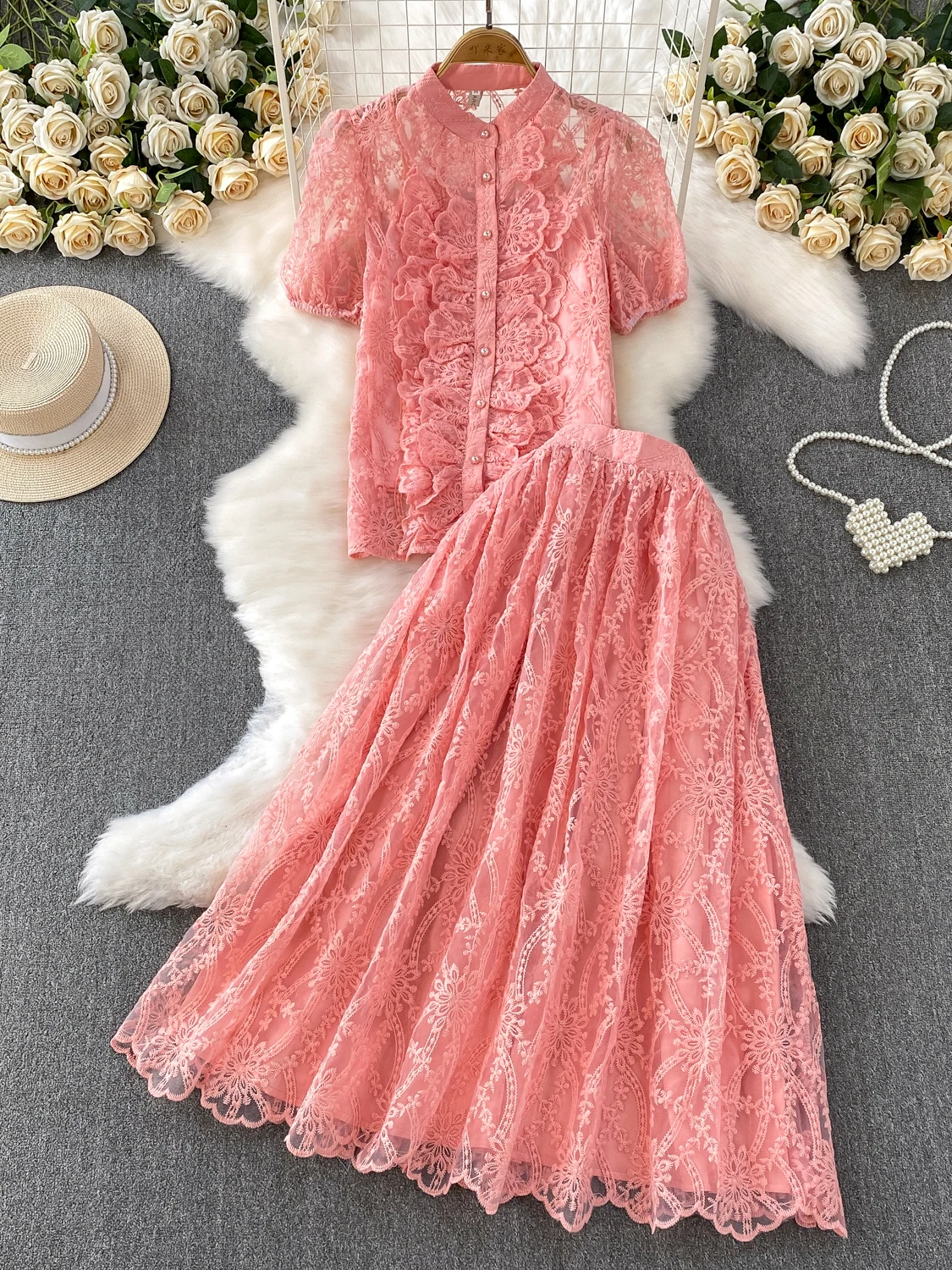 Комплект Ele Lace Wood ain с воротником-стойкой и высокой талией, утягивающая тюлевая юбка феи с вышивкой, модная женская одежда...