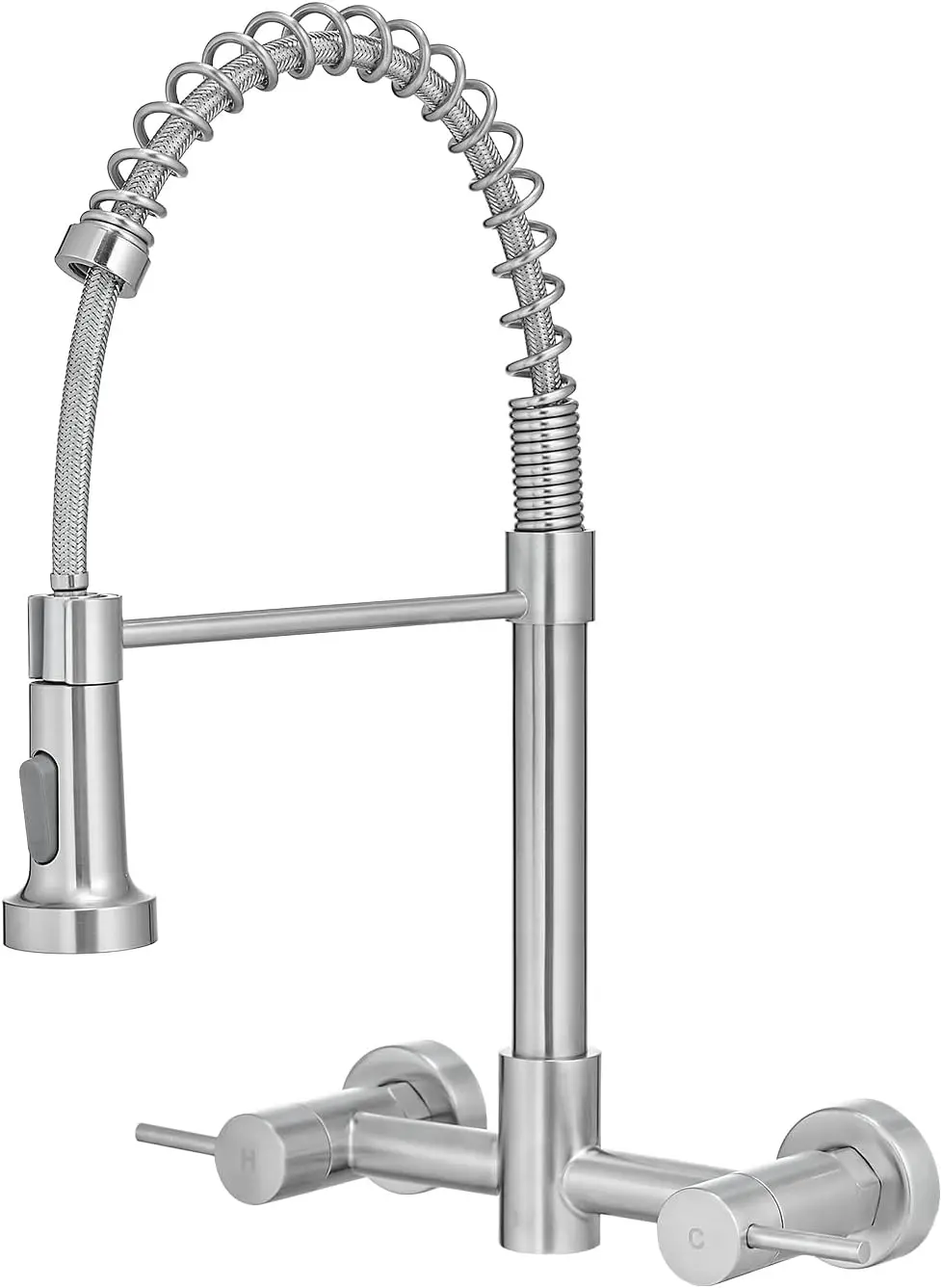 

Wall Mount Kitchen Faucet with Pull-Down Sprayer, 8-Inch Center, Stainless Steel, Double Lever Control