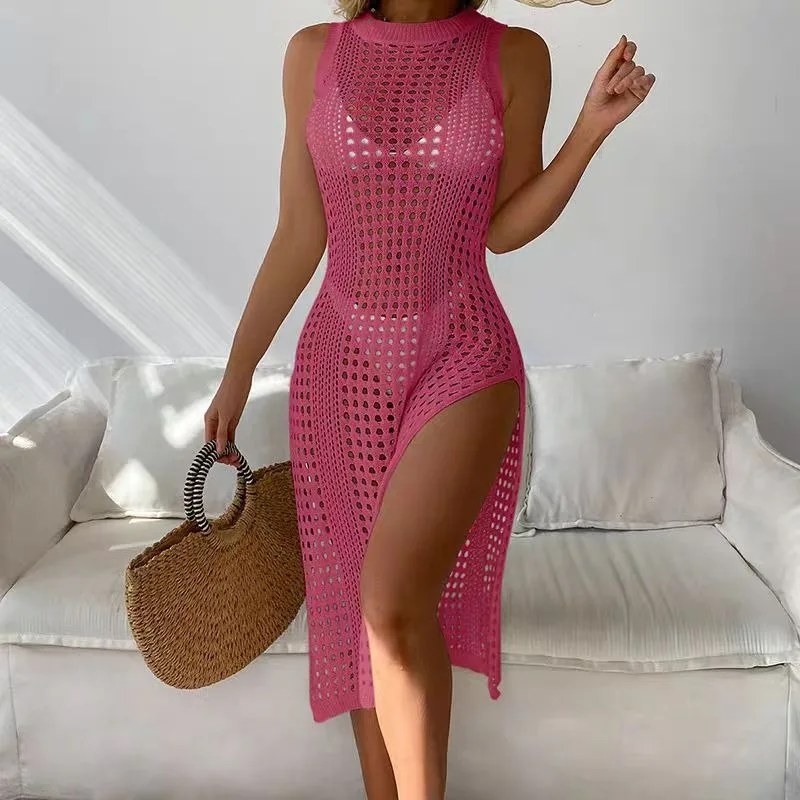 Women Summer Sexy Hollow Out Knitted Beach Cover Up Double Side Slits Dress Females Beachwear Round Neck Sleeveless Clothes