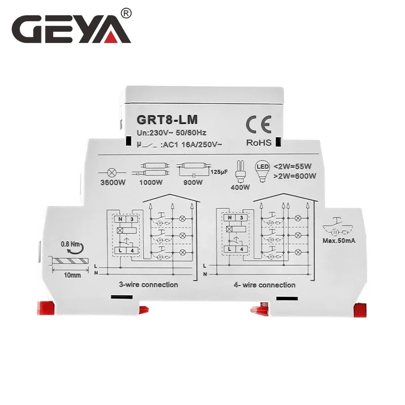 GEYA GRT8-LS/LM Din rail Staircase Timer Switch Corridor Lighting Timer 230VAC 16A 0.5-20mins Delay off Relay Light Switch