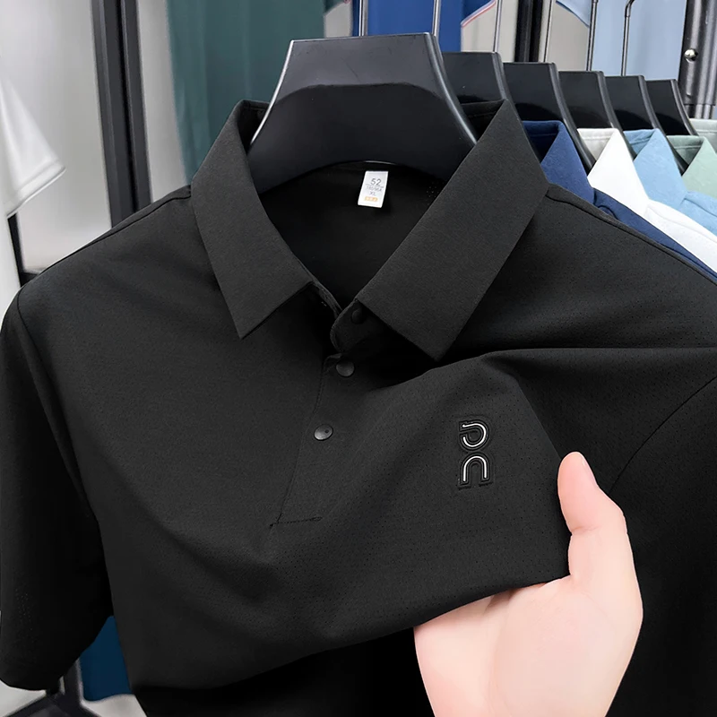 Nueva camisa Polo de manga corta de alta calidad para hombre, Polo con estampado de letras y botones de solapa, ropa informal de negocios de seda helada para hombre