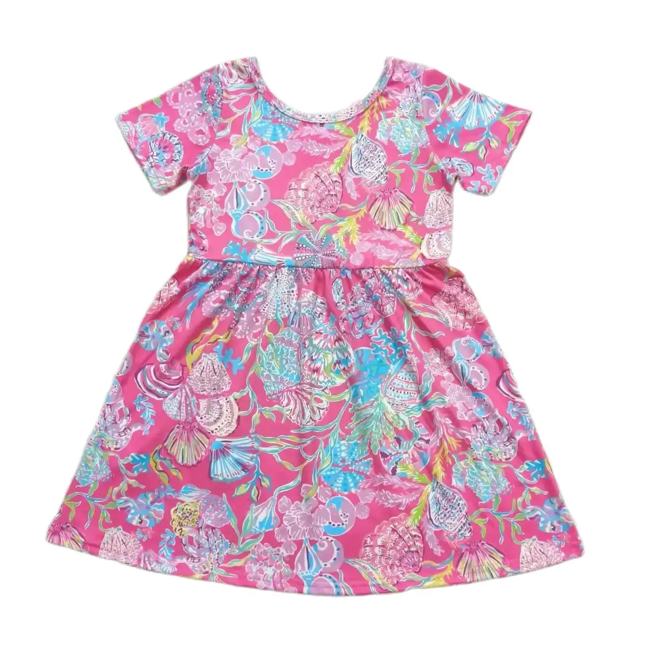 GSD1115  Bright Color Girls Dresses  Short Sleeves Top Seaweed Shell Rose Red Print With Skirt Children Clothes