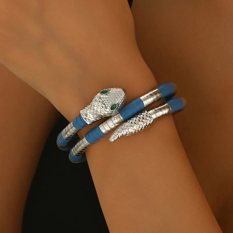Gothic Geometric Snake Wrap Bangle Striped Adjustable Open Cuff Bracelet Trendy European American Stylish Design Wrist Jewelry