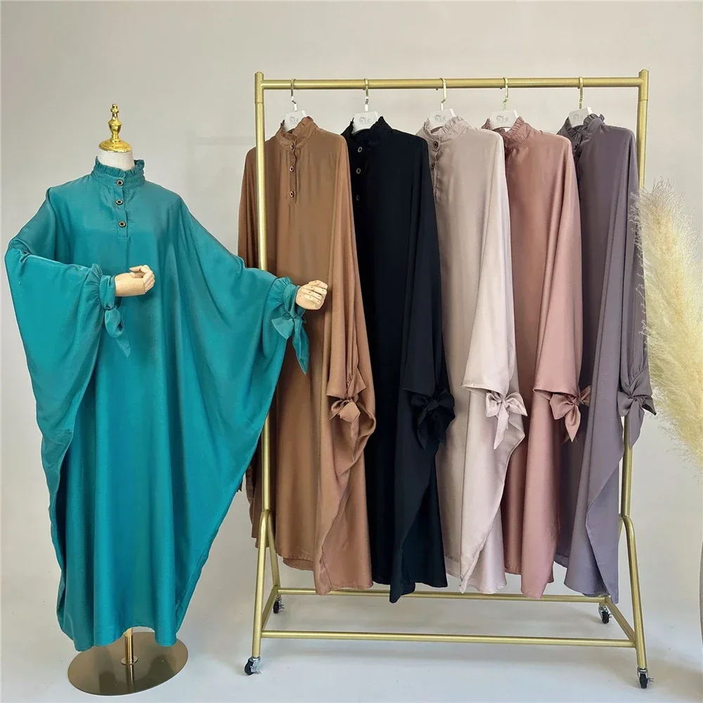 Sommer Satin Abaya Übergroße Schmetterling Ärmel Rüschen Kragen Muslimischen Kleid für Frauen Turk Dubai Kaftan Casual Ramadan Eid Modesty