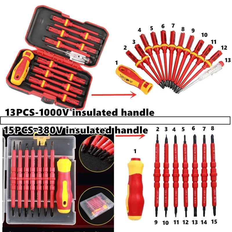 변경 가능한 절연 스크루 드라이버 세트 및 마그네틱 슬롯 비트 수리 도구, 전기 기사 도구, 1PC, 15PCs, 380V, 13PCs, 1000V