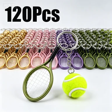 120Pcs Mini Tennis Racket Keychains with Simulated Tennis Balls