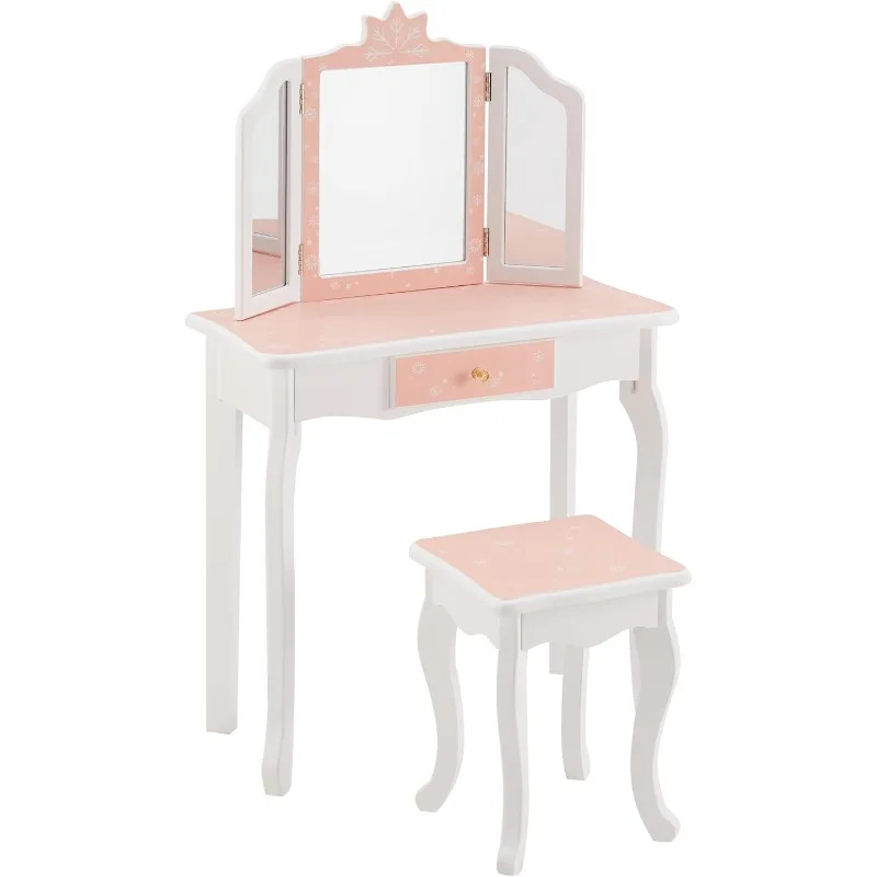 Kids Vanity Table & Stool Set, Girls Vanity Set with Detachable Tri-Folding Mirror and Drawer, 2 in 1  Dressing Table