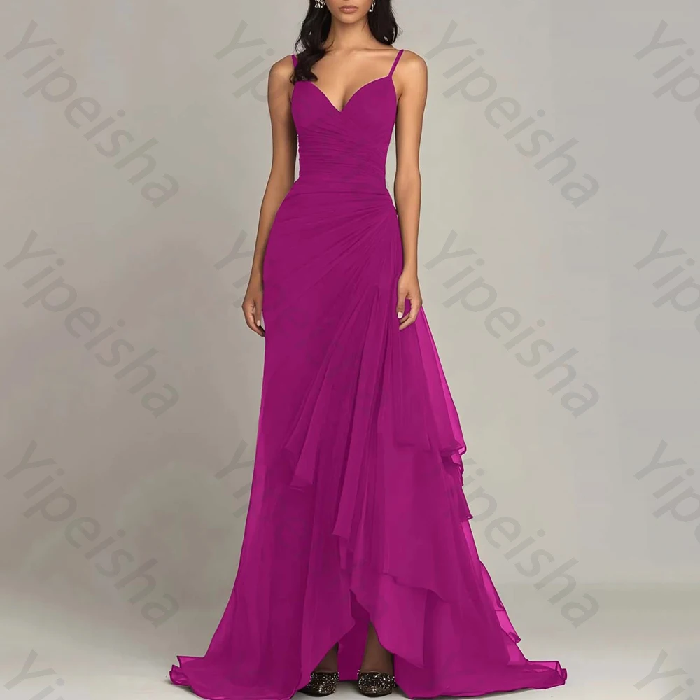 

Chiffon Ruffled Spaghetti Straps Evening Dresses V-neck Sleeveless Long Dress Exquisite High Quality Prom Party Gowns Customized