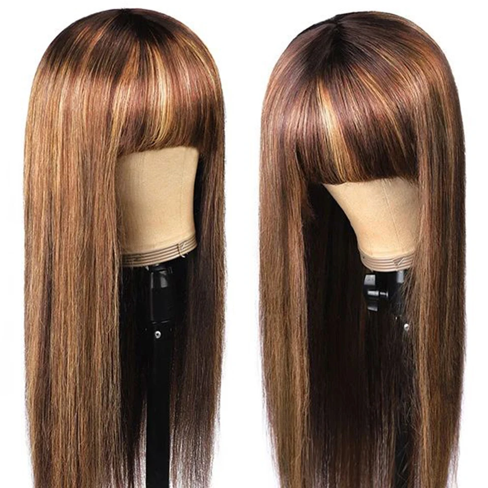 Malaysia Human Hair Wig With Bangs Ombre Highlight Brown Straight Hair Human Hair Wigs For Women 180D Wig Machine