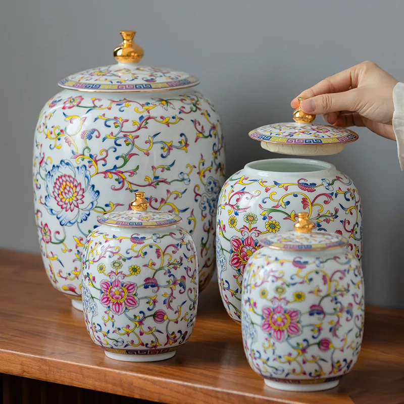 

Enamel Painted Flower Pattern Storage Jar Sealed Tea Sundries Food Decorative Crafts Ceramic Home Decor